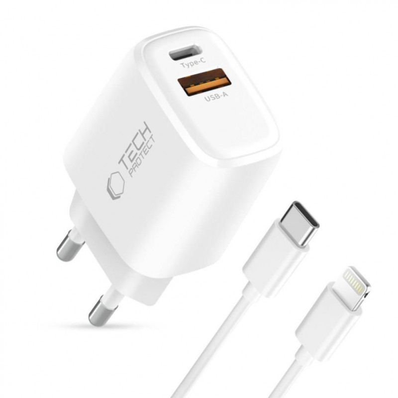 Carregador de parede Tech-Protect NCA20 USB-A / USB-C PD 20W / QC3.0 com cabo USB-C / Lightning 100 cm, branco