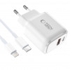 Carregador de parede Tech-Protect NCA20 USB-A / USB-C PD 20W / QC3.0 com cabo USB-C / Lightning 100 cm, branco