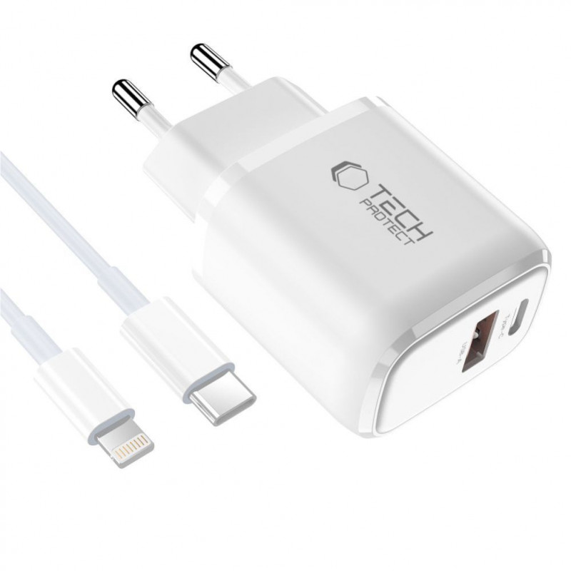 Carregador de parede Tech-Protect NCA20 USB-A / USB-C PD 20W / QC3.0 com cabo USB-C / Lightning 100 cm, branco
