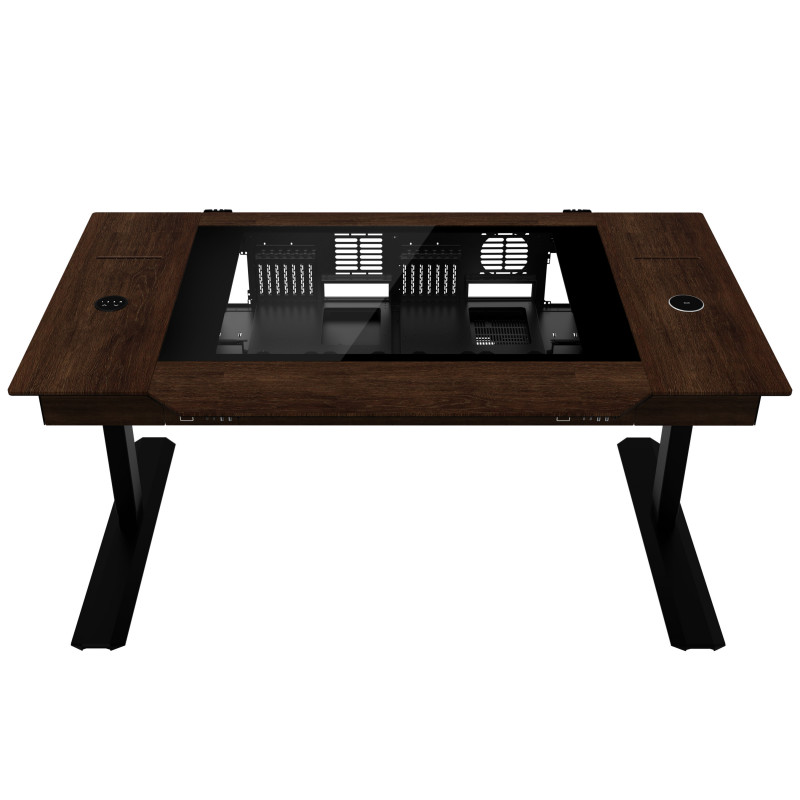 Lian Li DK07 Desk Case Wood Edition, compatível com dois sistemas, 2x E-ATX, altura ajustável, nogueira / preto