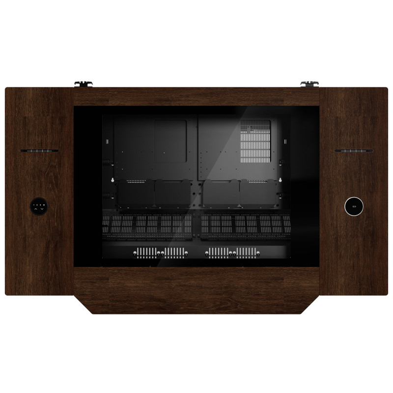 Lian Li DK07 Desk Case Wood Edition, compatível com dois sistemas, 2x E-ATX, altura ajustável, nogueira / preto