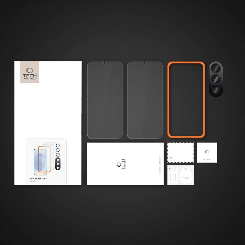 Conjunto Tech-Protect Supreme Set de protetor de ecrã em vidro temperado e protetor de lente para Samsung Galaxy S25+, transparente (3 peças)