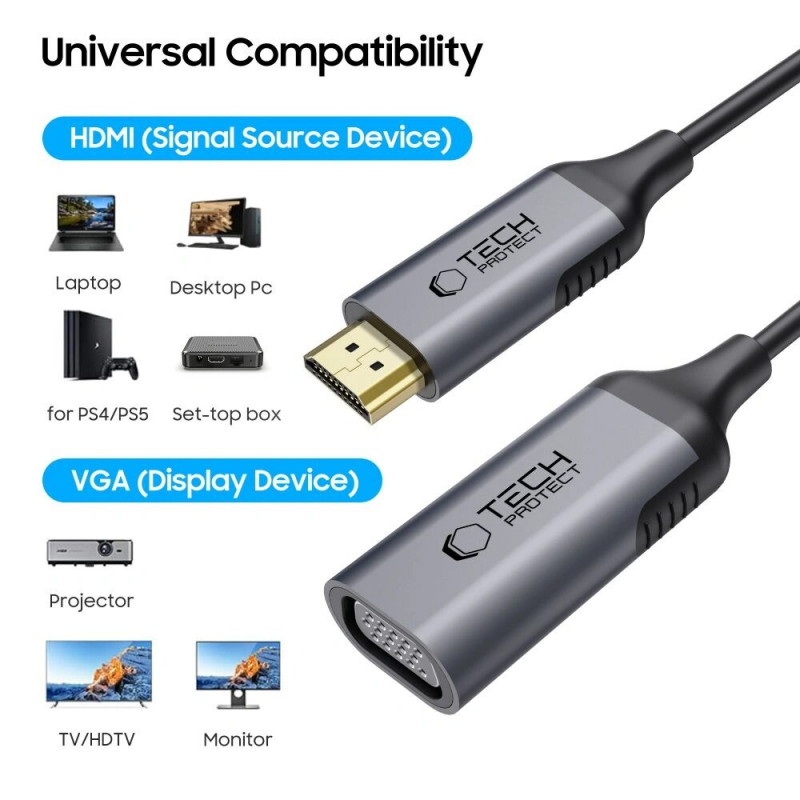 Adaptador Tech-Protect UltraBoost HDMI / VGA, FHD 1920 x 1080, 60Hz, preto
