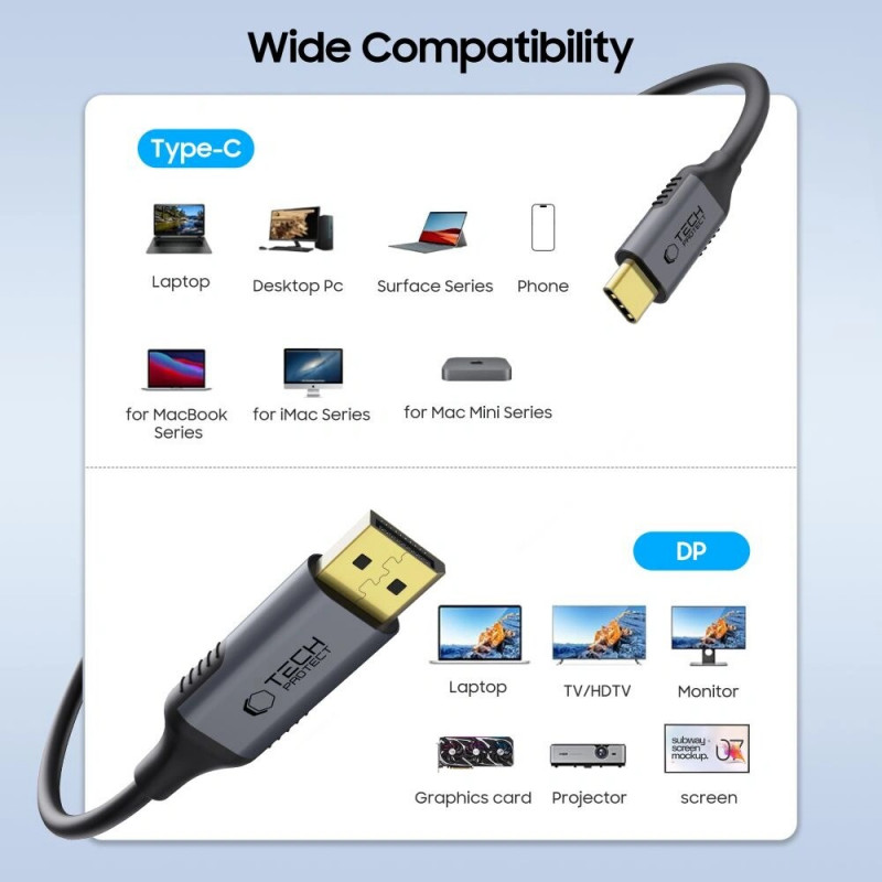 Cabo Tech-Protect UltraBoost USB-C para DisplayPort 1.4, 8K 60Hz, 180 cm, preto