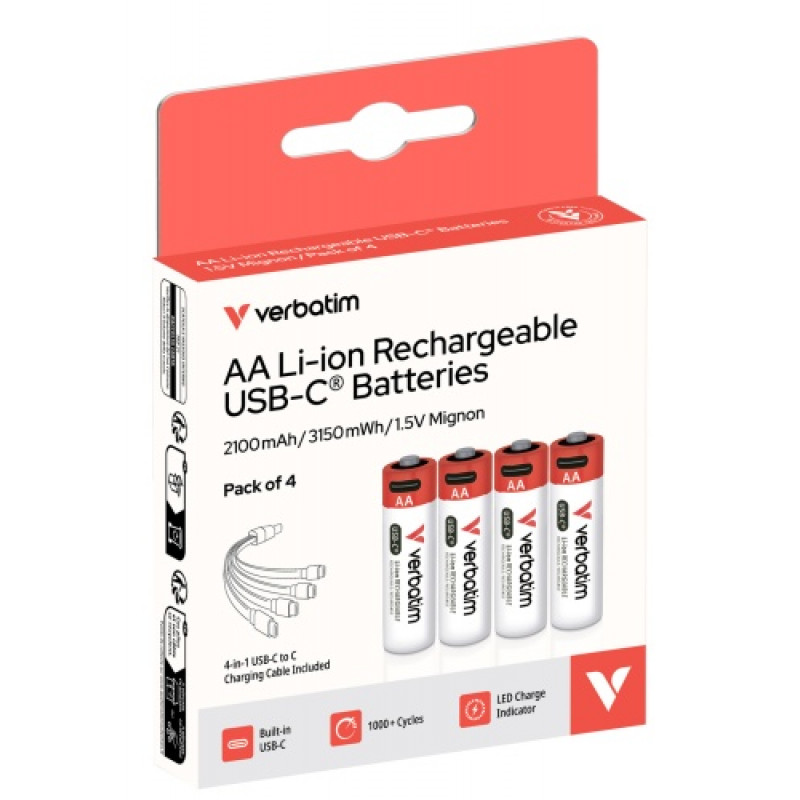 Baterias recarregáveis Li-ion AA 2100 mAh com USB-C Verbatim 30249 (4 un.)