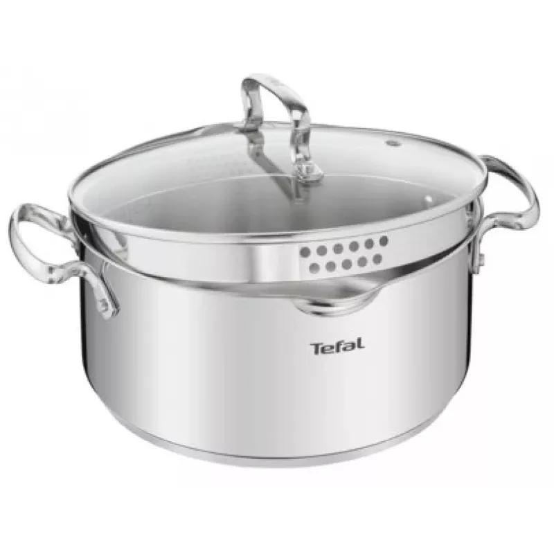 Tefal Duetto+ G7194655 Caçarola, Redonda, Aço Inoxidável, 24 cm, Tampa de Vidro