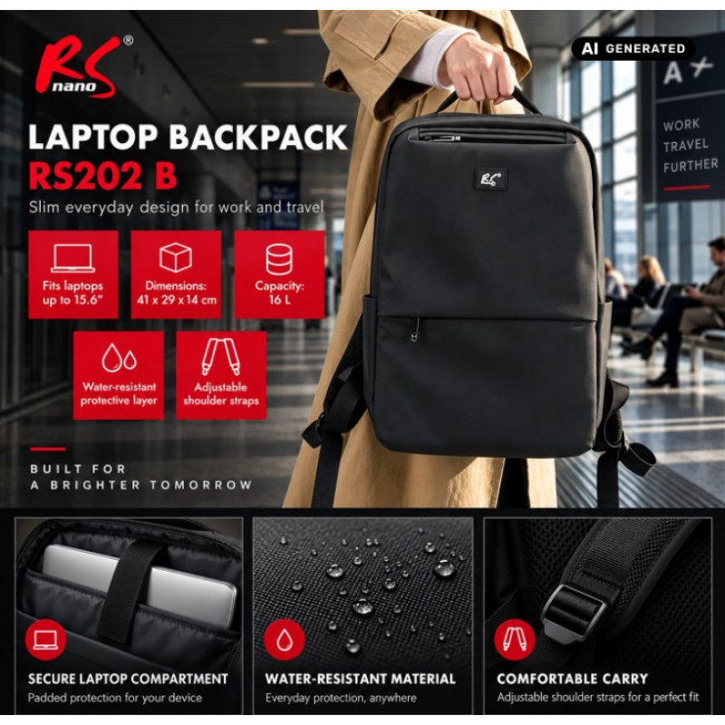Mochila para portátil NanoRS RS202 B 15,6", preta, 41x29x4, impermeável