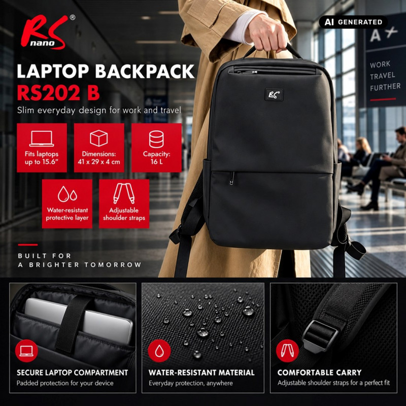 Mochila para portátil NanoRS RS202 B 15,6", preta, 41x29x4, impermeável