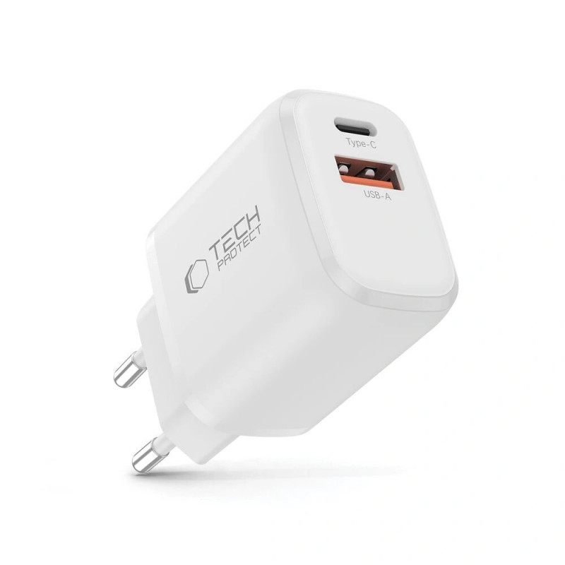 Carregador de parede Tech-Protect NCA20 USB-A, USB-C PD 20W / QC3.0, branco
