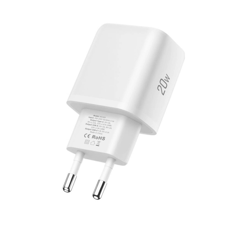 Carregador de parede Tech-Protect NCA20 USB-A, USB-C PD 20W / QC3.0, branco
