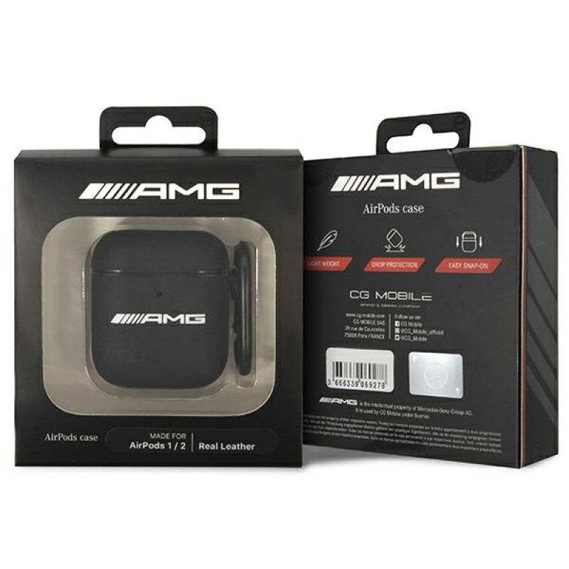 Capa em pele Big Logo Mercedes-AMG AMA2SLWK para Apple AirPods 1/2, preta