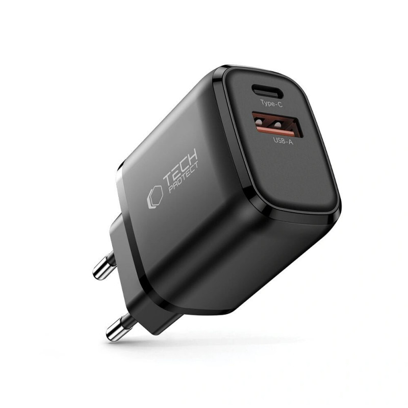 Carregador de parede Tech-Protect NCA30 USB-A, USB-C PD 30W / QC3.0, preto