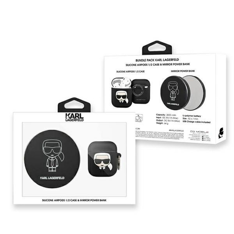 Karl Lagerfeld Ikonik capa em silicone para AirPods 1/2 com power bank de 2000 mAh, preta