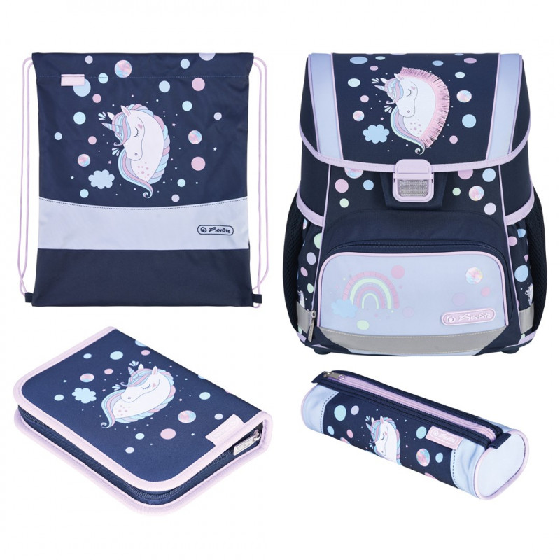 Conjunto de mochila escolar Herlitz Loop Plus Unicorn Dreams para o ensino primário, azul-escuro/rosa