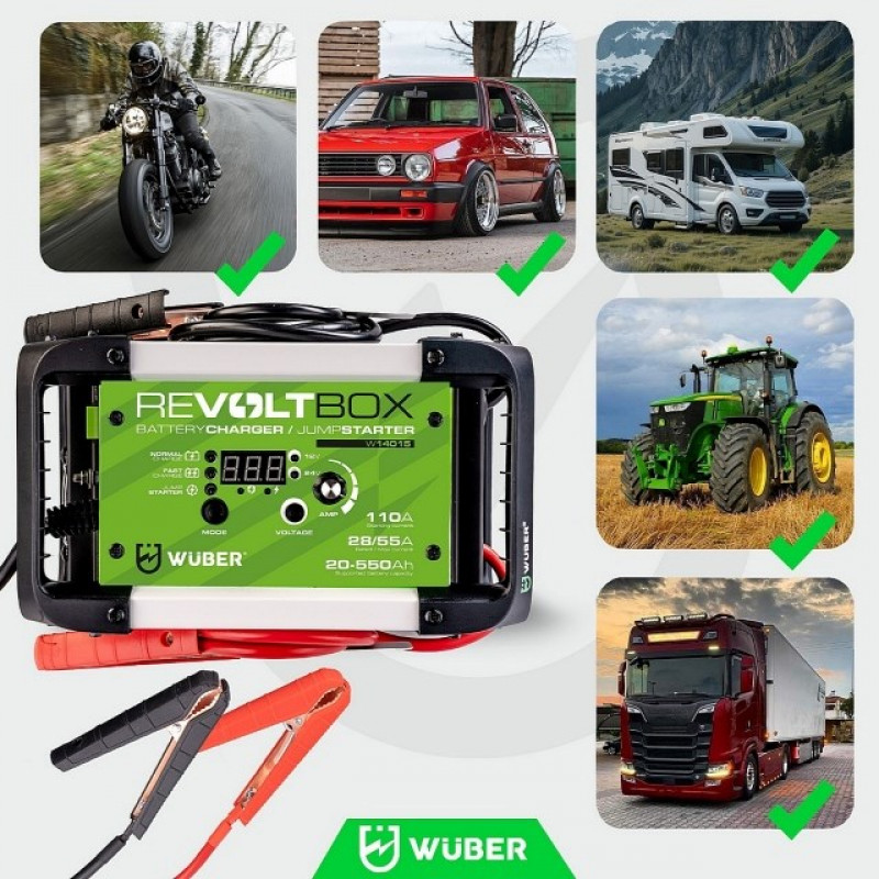 Carregador automático de bateria de automóvel Wuber W14015 com arranque auxiliar, 110 A