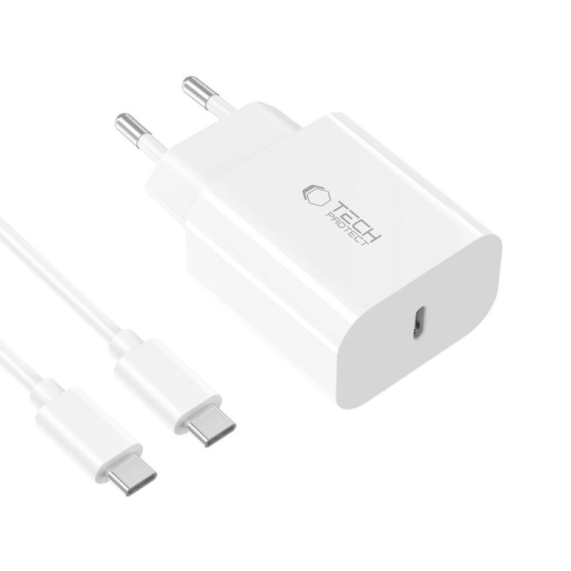 Carregador de parede USB-C de 1 porta Tech-Protect NC20W PD20W com cabo USB-C / USB-C, branco