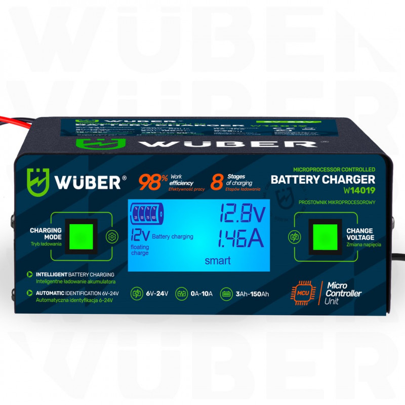 Carregador de bateria com microprocessador Wuber W14019, 6/8/12/14/16/24 V, 10 A