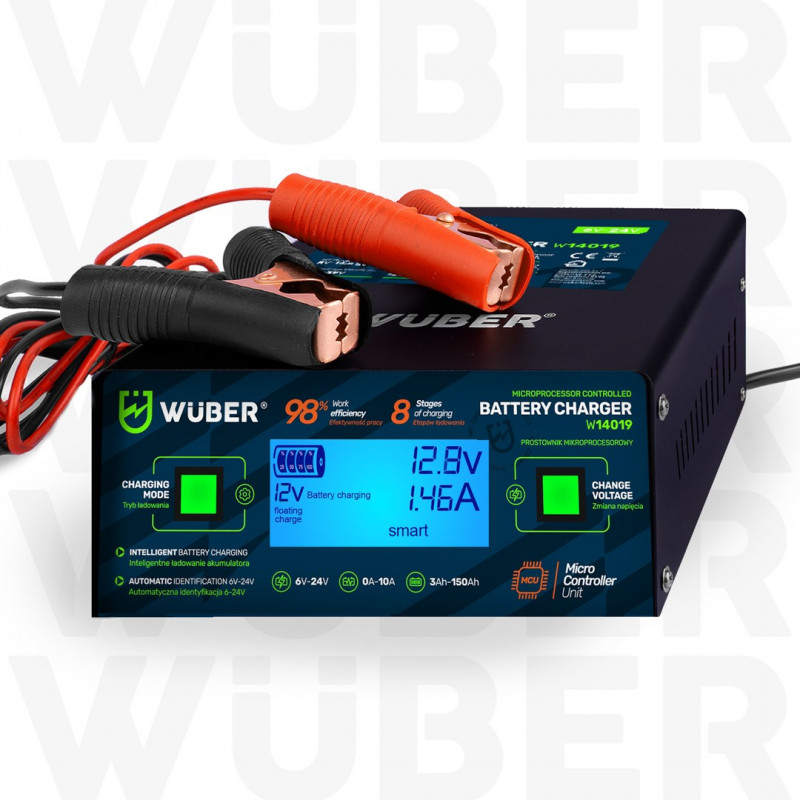 Carregador de bateria com microprocessador Wuber W14019, 6/8/12/14/16/24 V, 10 A