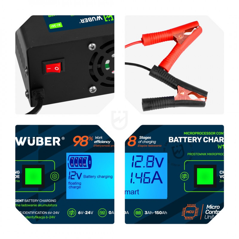 Carregador de bateria com microprocessador Wuber W14019, 6/8/12/14/16/24 V, 10 A