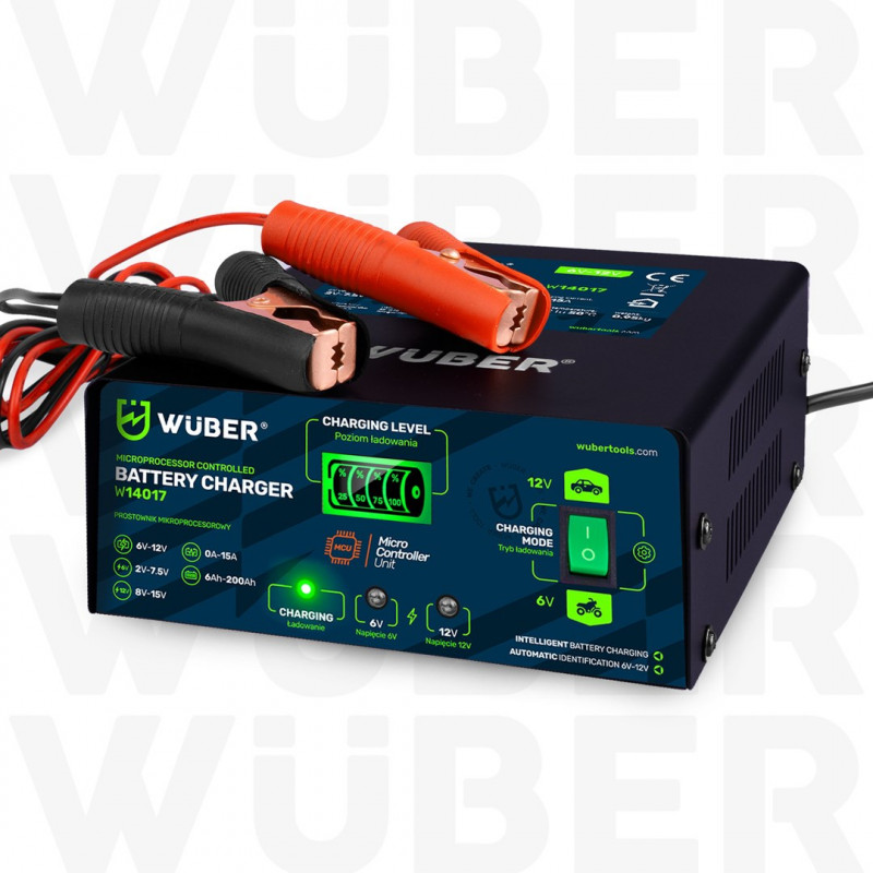 Carregador de bateria com microprocessador Wuber W14017, 6-12 V, 15 A