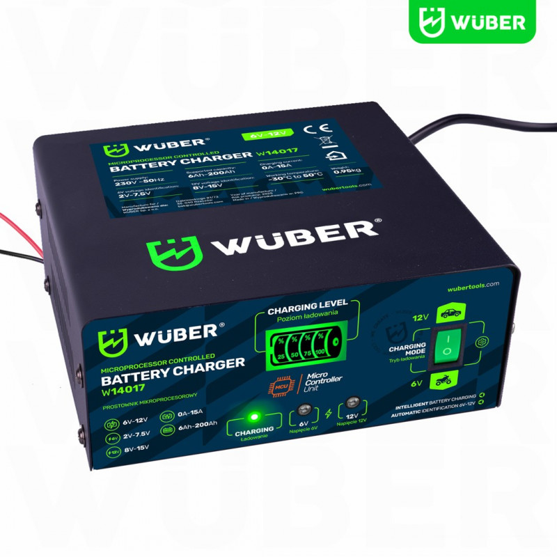 Carregador de bateria com microprocessador Wuber W14017, 6-12 V, 15 A