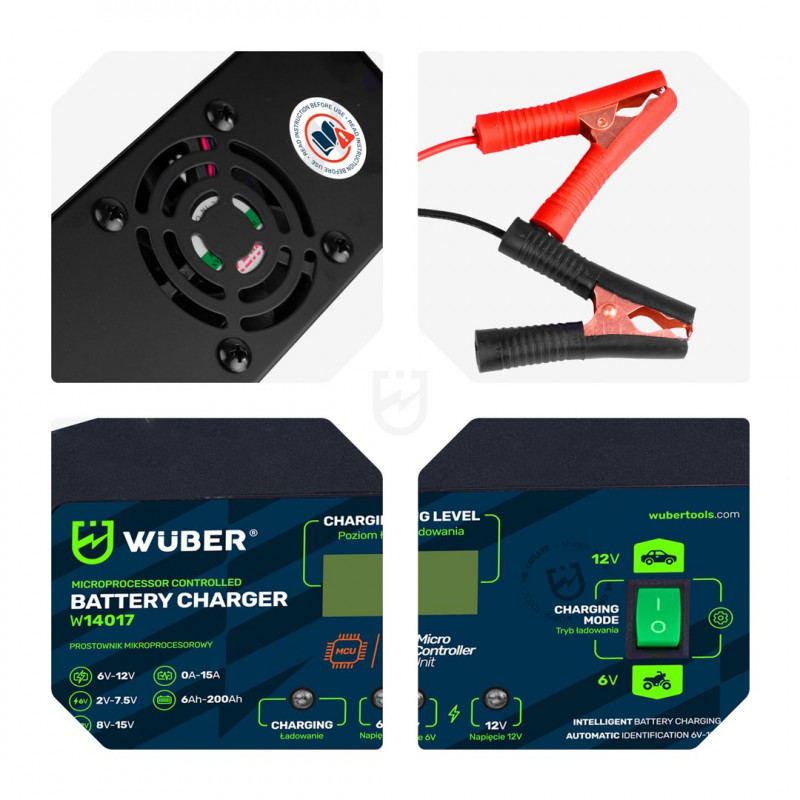 Carregador de bateria com microprocessador Wuber W14017, 6-12 V, 15 A