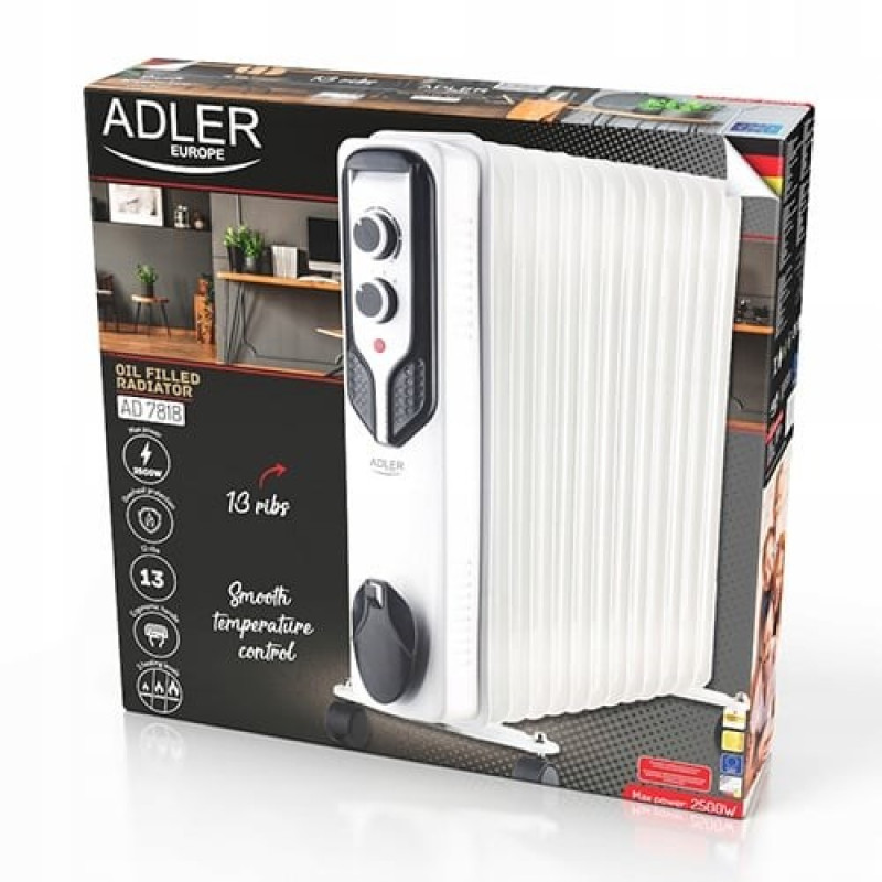 Radiador a óleo Adler AD 7818, 2500 W, 3 níveis de potência, 13 elementos, branco