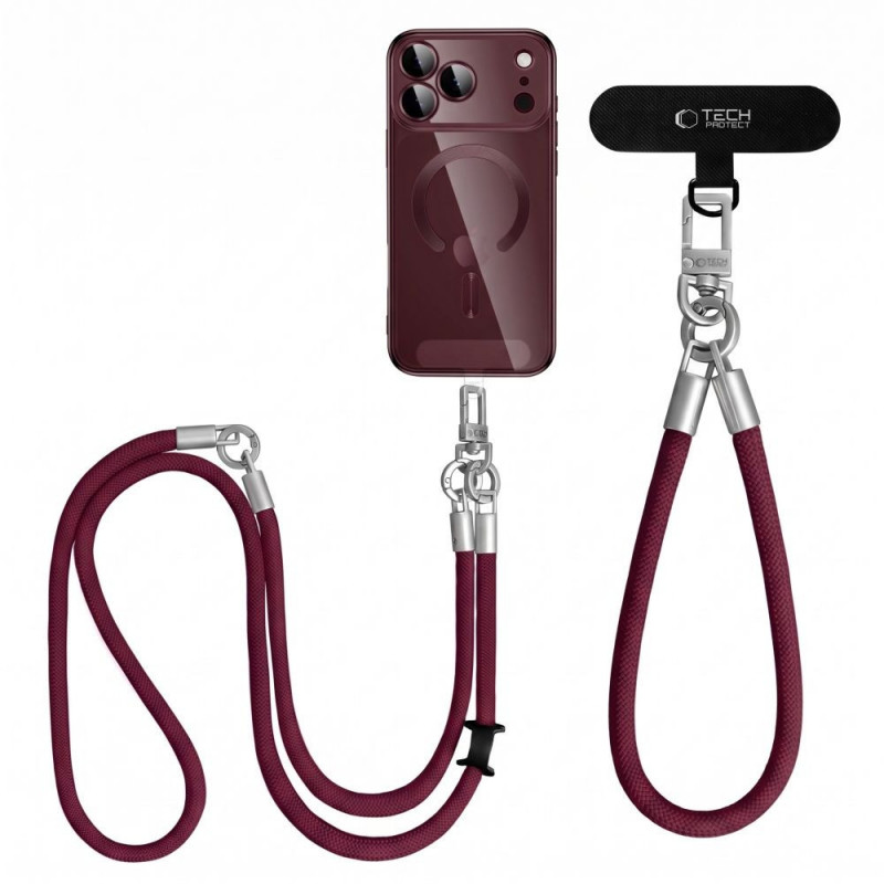 Conjunto de cordões para telemóvel Tech-Protect C10S Rope Crossbody & Wrist, bordô/titânio