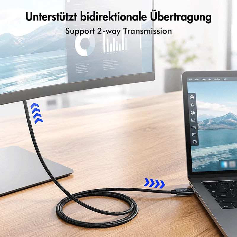 Cabo LogiLink CUA0120 USB 3.2 Gen2 Type-C, C/M para DP/M, bi-di, 8K/60 Hz, metal, preto, 1,8 m