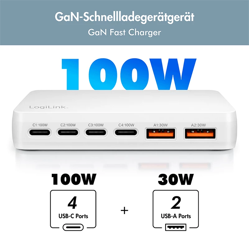 Carregador de secretária LogiLink PA0418 USB-A/C, 100 W, GaN, 6 portas, 2x USB-A (QC), 4x USB-C (PD), branco