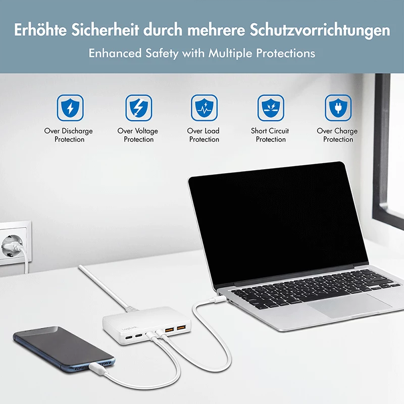 Carregador de secretária LogiLink PA0418 USB-A/C, 100 W, GaN, 6 portas, 2x USB-A (QC), 4x USB-C (PD), branco