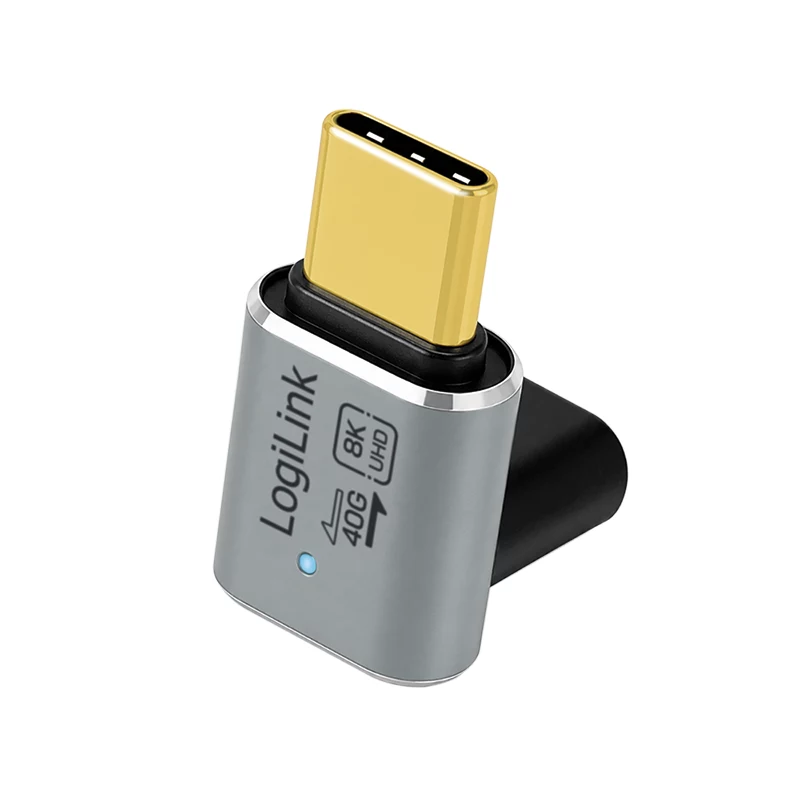 Adaptador USB 4 Type-C LogiLink AU0063 90° U/D, C/M para C/F, 40 Gbps, 240W, 8K/60 Hz, metal, prateado