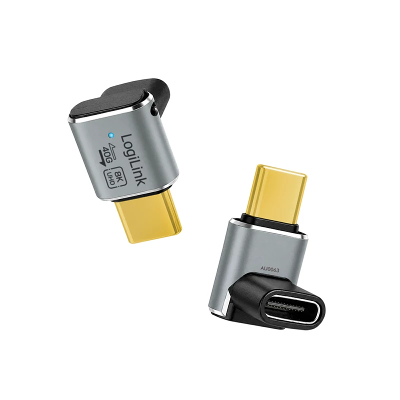 Adaptador USB 4 Type-C LogiLink AU0063 90° U/D, C/M para C/F, 40 Gbps, 240W, 8K/60 Hz, metal, prateado