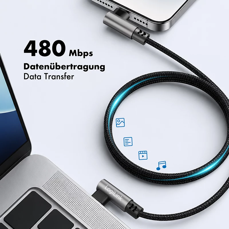 Cabo USB 2.0 Type-C LogiLink CU0462, C/M 90° para C/M 90°, 480 Mbps, 100W, metal, prateado/preto, 2 m