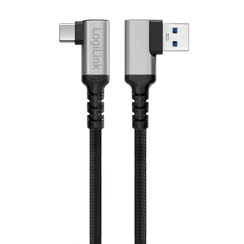 Cabo USB 3.2 Gen1 Type-C LogiLink CU0472, A/M 90° para C/M 90°, 5 Gbps, 60W, metal, prateado/preto, 1,5 m