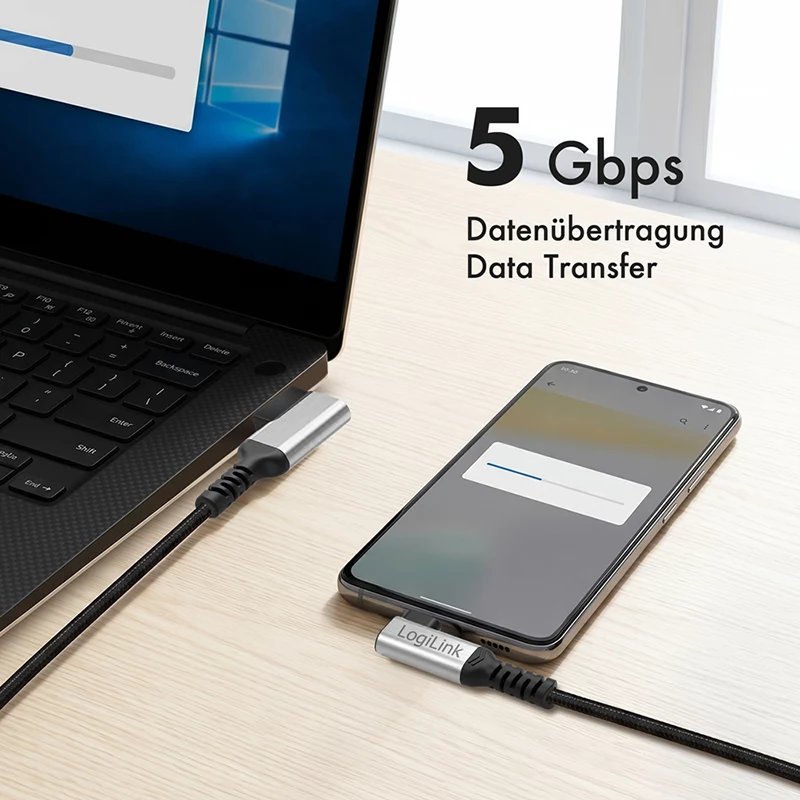 Cabo USB 3.2 Gen1 Type-C LogiLink CU0472, A/M 90° para C/M 90°, 5 Gbps, 60W, metal, prateado/preto, 1,5 m