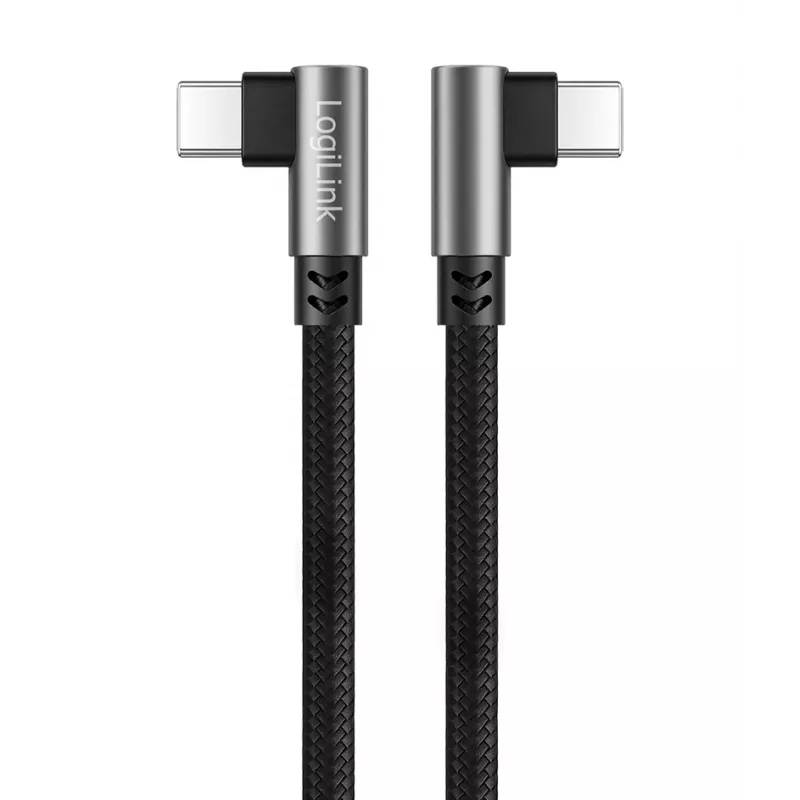 Cabo USB 2.0 Type-C LogiLink CU0463, C/M 90° para C/M 90°, 480 Mbps, 100W, metal, prateado/preto, 3 m