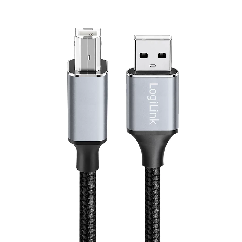 Cabo USB 2.0 Logilink CU0107, USB-A/M para USB-B/M, 480 Mbps, nylon, metal, preto/prateado, 2 m