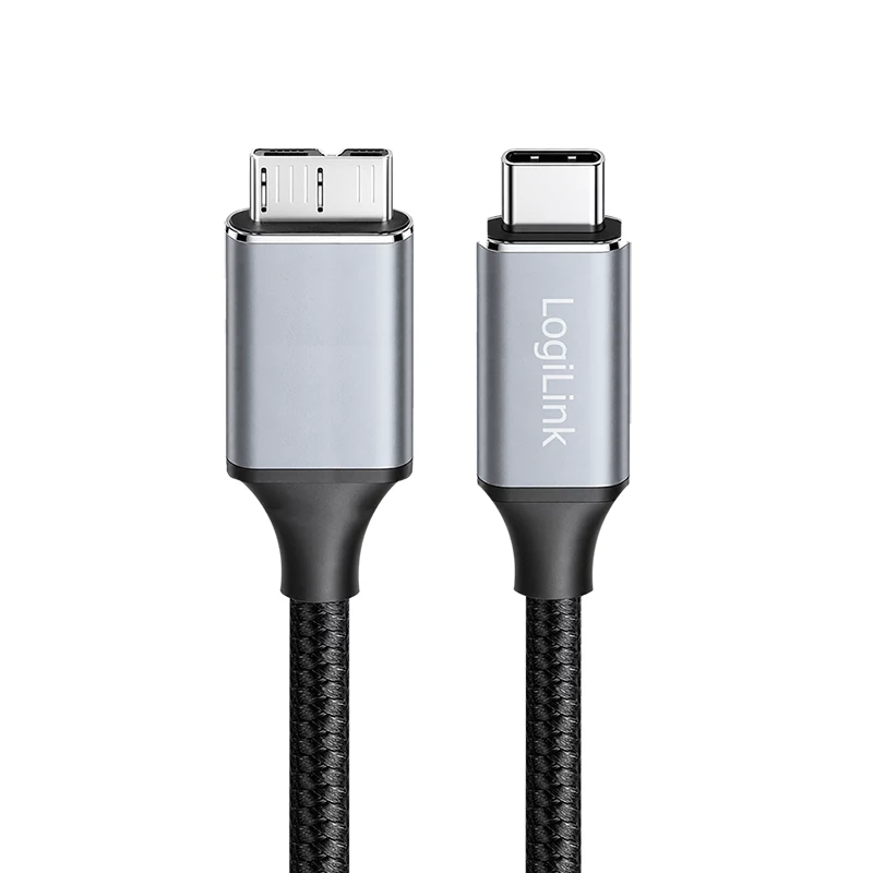 Cabo USB 3.2 Gen1 Type-C Logilink CU0199, C/M para Micro-USB/M, 5 Gbps, nylon, metal, preto/prateado, 2 m