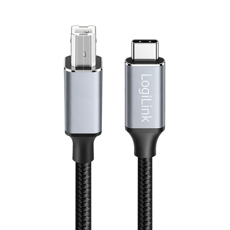 Cabo USB 2.0 Type-C Logilink CU0515, C/M para B/M, 480 Mbps, nylon, metal, preto/prateado, 2 m