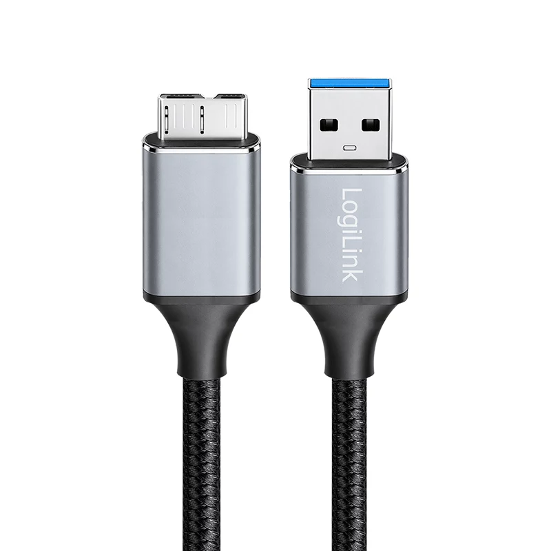 Cabo USB 3.0 Logilink CU0290, A/M para Micro-USB/M, 5 Gbps, nylon, metal, preto/prateado, 1 m