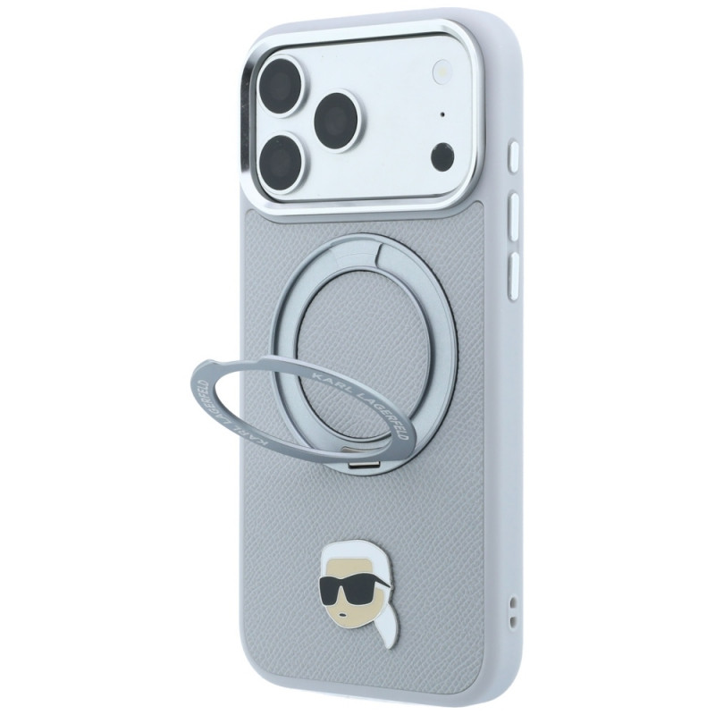 Capa Karl Lagerfeld with Ring Stand 360 Karl Head Pin MagSafe para Apple iPhone 18 Pro Max / 17 Pro Max, cinzenta (KF003236)
