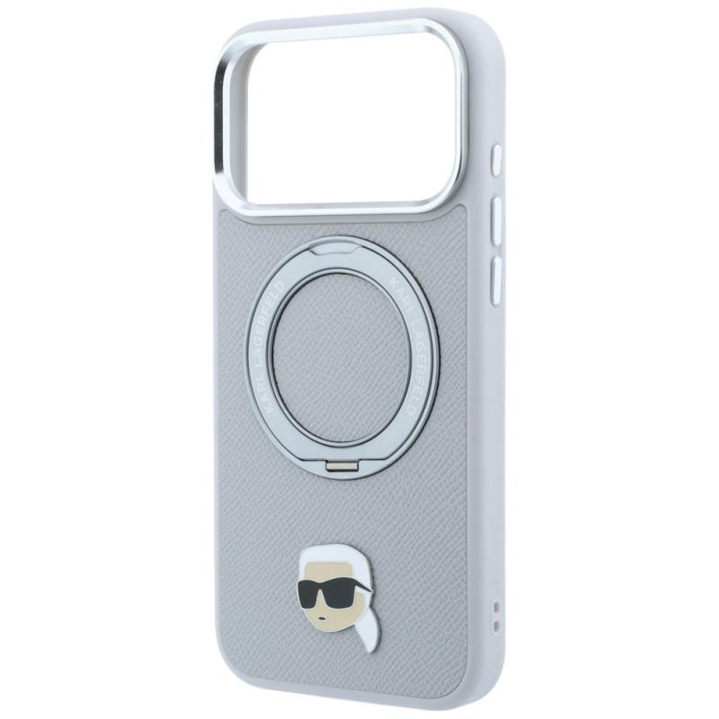 Capa Karl Lagerfeld with Ring Stand 360 Karl Head Pin MagSafe para Apple iPhone 18 Pro Max / 17 Pro Max, cinzenta (KF003236)