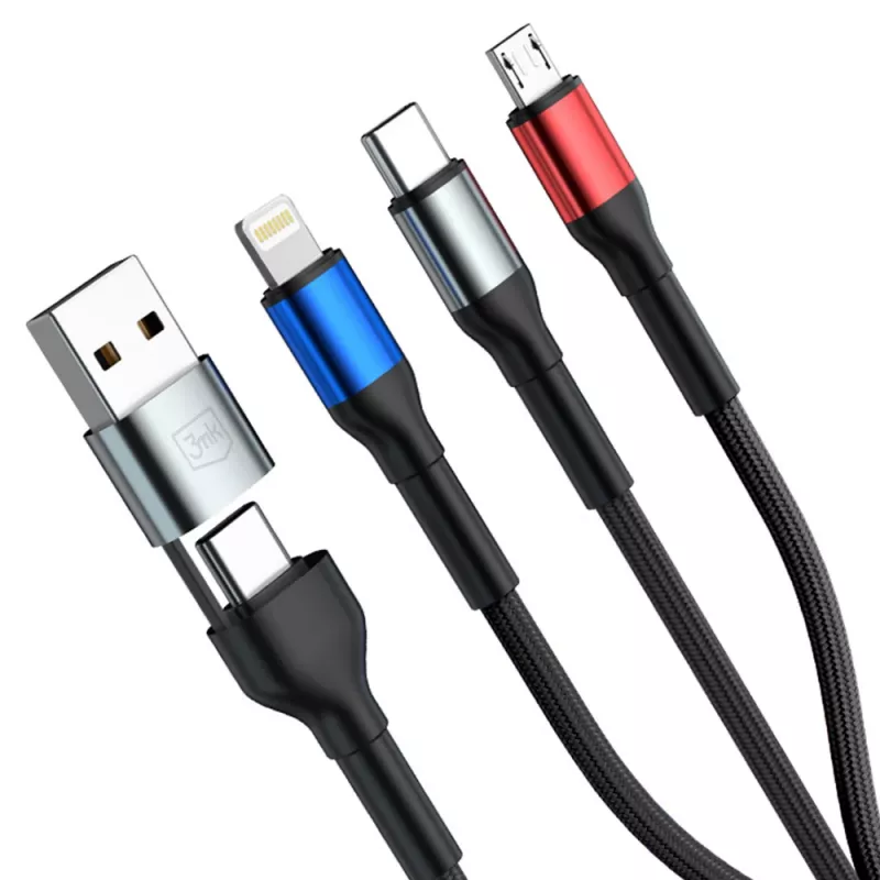 3MK Hyper Cable N-SERIES 6in1 USB-C / USB-A para USB-C / MicroUSB / Lightning, cabo QC 3.0, 18 W (9 V / 2 A), 1.2 m, preto