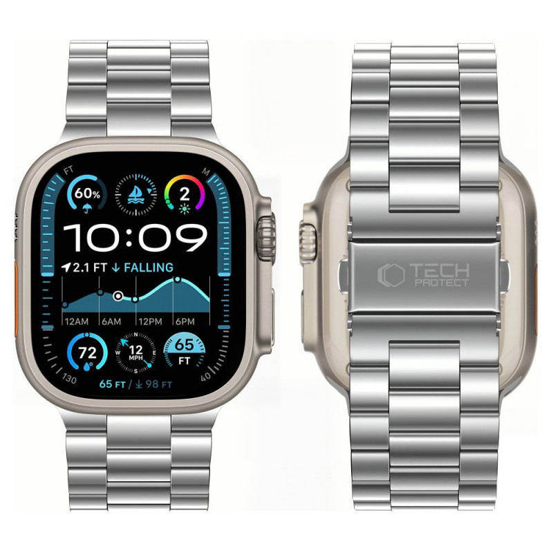 Tech-Protect Stainless bracelete de aço inoxidável para Apple Watch 8 / 9 / 10 / 11 / 12 / SE / Ultra (44 / 45 / 46 / 49 mm), prateado