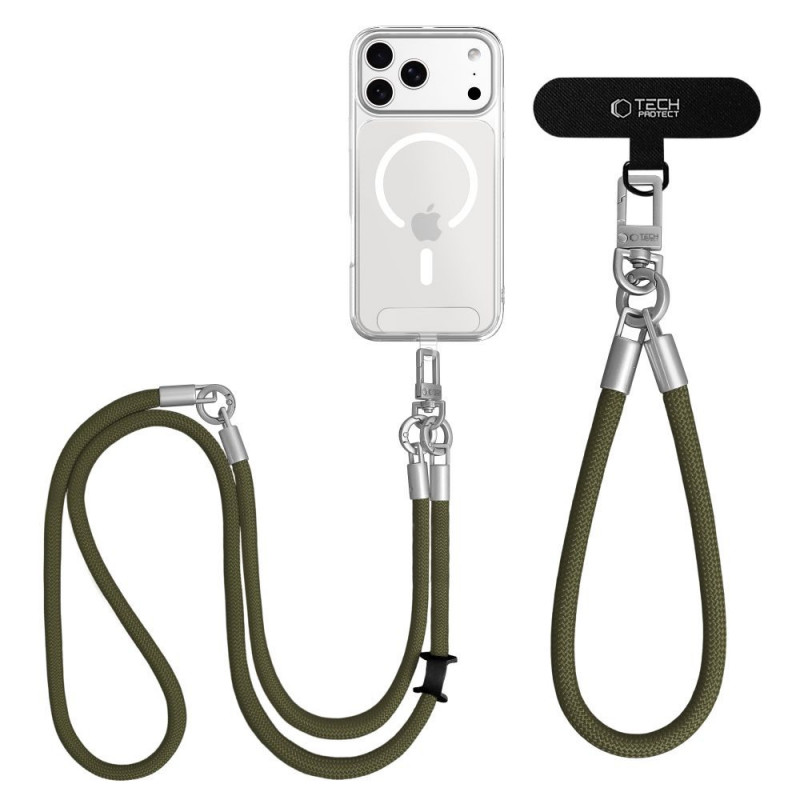 Tech-Protect C10S Rope Crossbody & Wrist conjunto de alças para telemóvel, verde-azeitona/titânio