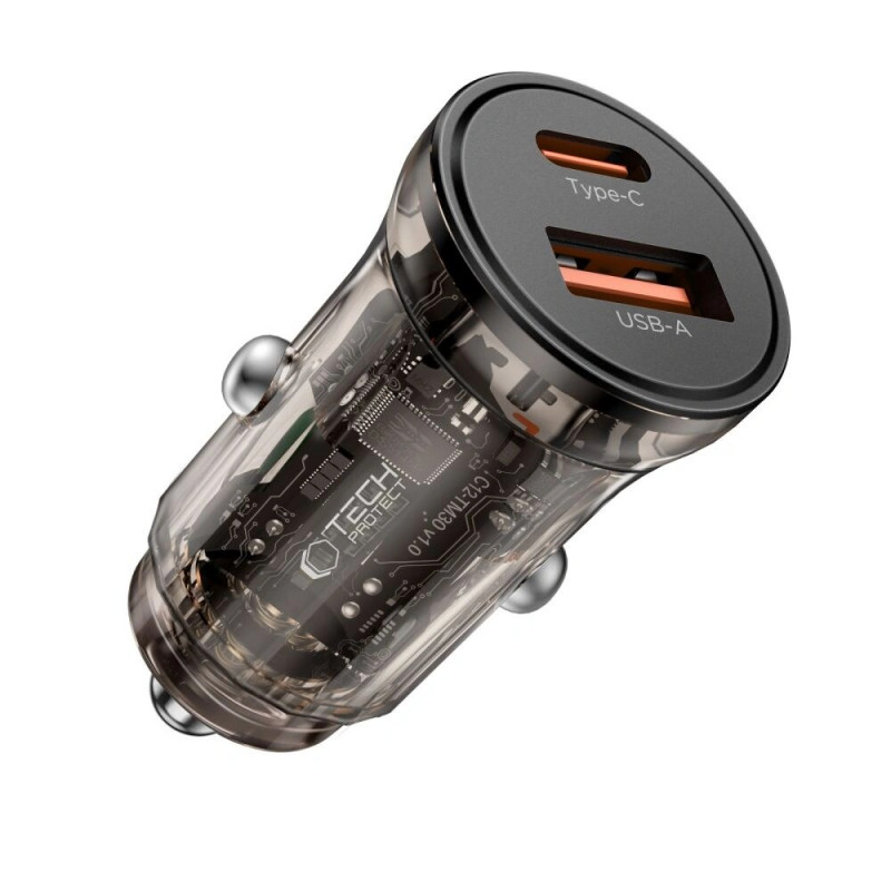 Tech-Protect CC01 carregador de carro de 2 portas USB-A / USB-C, PD 30W / QC 3.0, preto