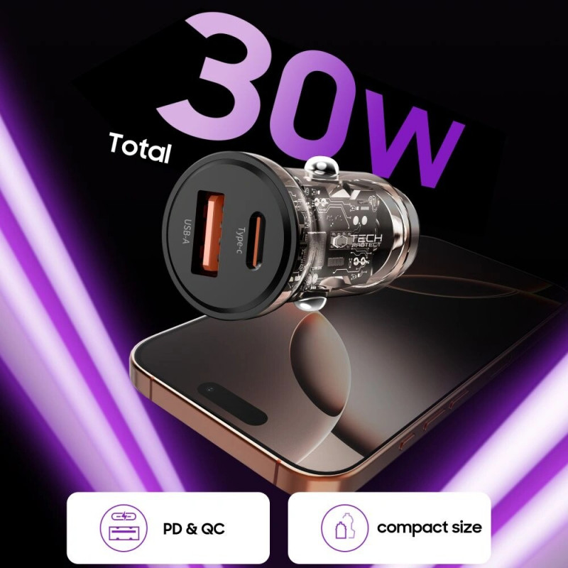 Tech-Protect CC01 carregador de carro de 2 portas USB-A / USB-C, PD 30W / QC 3.0, preto