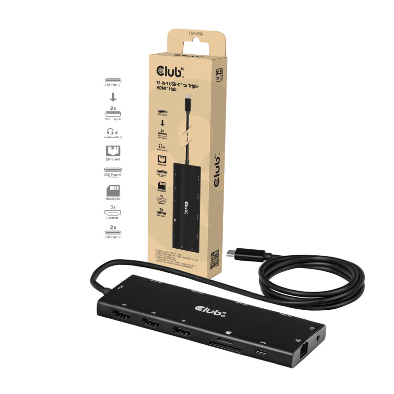 Club 3D CSV-2556 hub USB-C 12 em 1, 3x HDMI/3x USB-C/USB/LAN, 8K30Hz, PD 140W