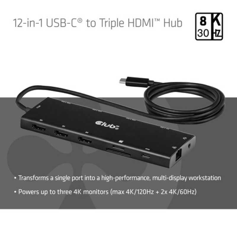 Club 3D CSV-2556 hub USB-C 12 em 1, 3x HDMI/3x USB-C/USB/LAN, 8K30Hz, PD 140W